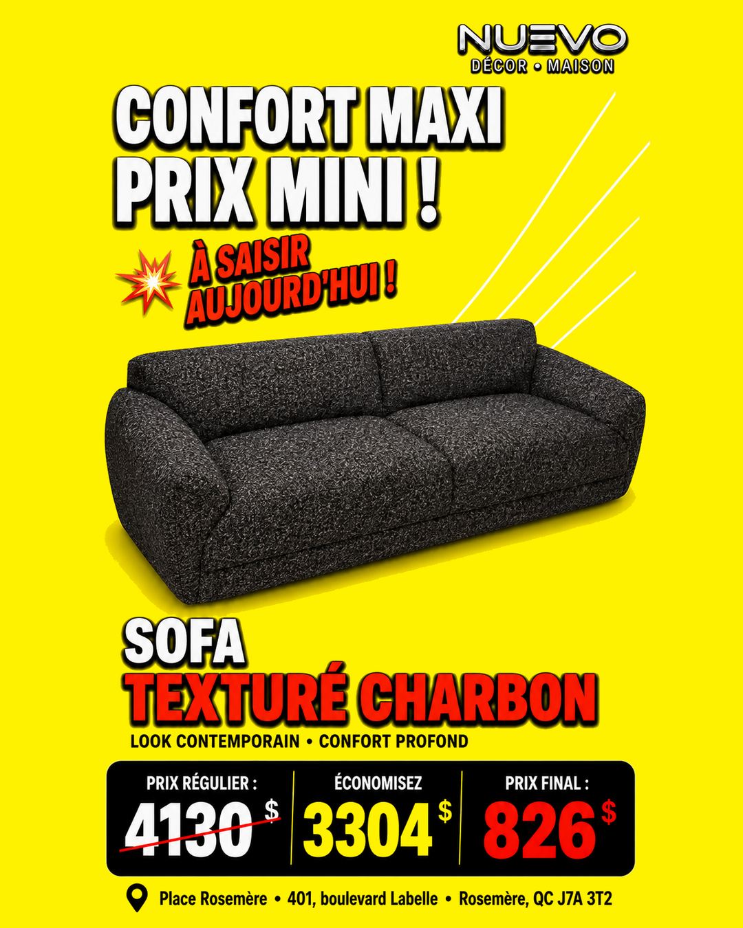 Sofa texturé charbon à 826 $ plutôt que 4 130 $ chez NUEVO
