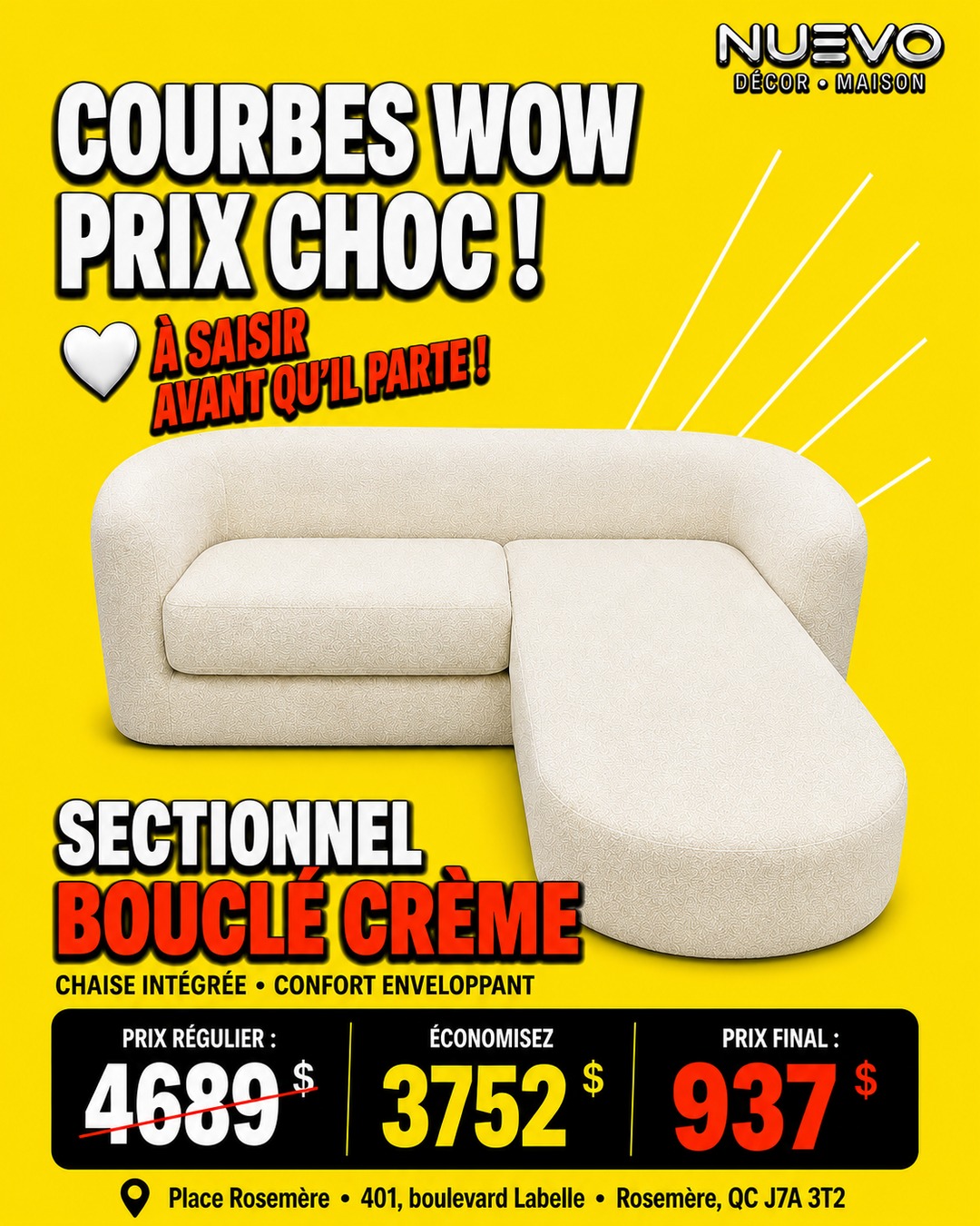Sectionnel en bouclé crème à 937 $ plutôt que 4 689 $ chez NUEVO