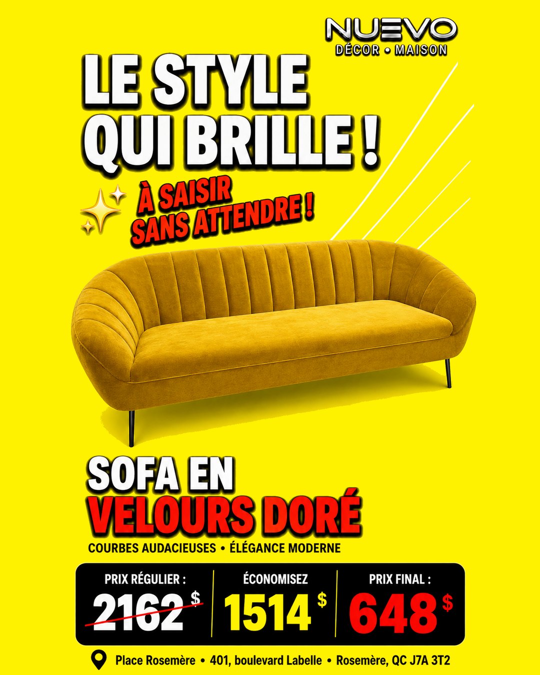 Sofa en velours doré à 648 $ plutôt que 2 162 $ chez NUEVO