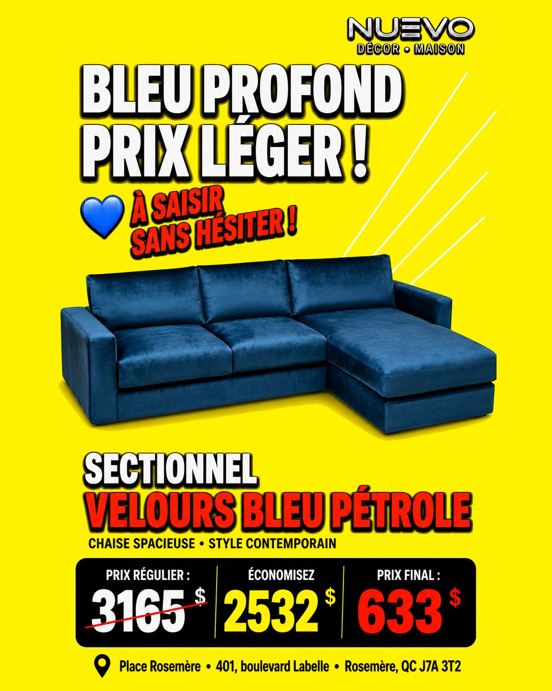 Sectionnel en velours bleu pétrole à 633 $ plutôt que 3 165 $ chez NUEVO