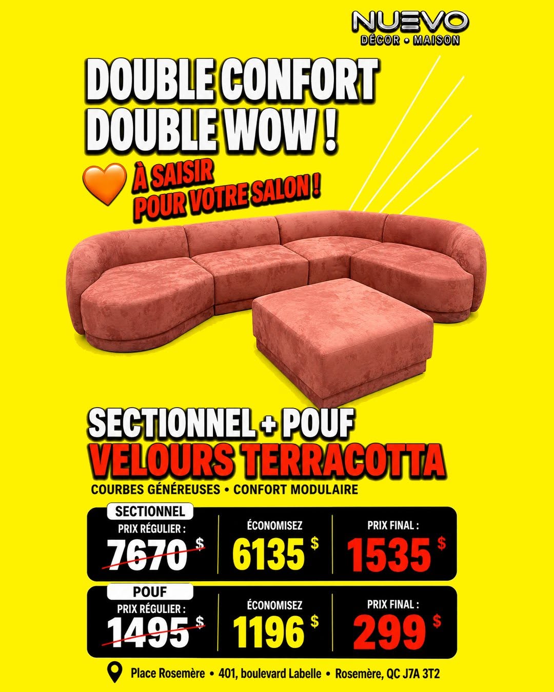 Publication officielle Méga Vente Continental présentant un sectionnel modulaire en velours terracotta à 1 535 $ et son pouf assorti à 299 $ chez NUEVO à Place Rosemère