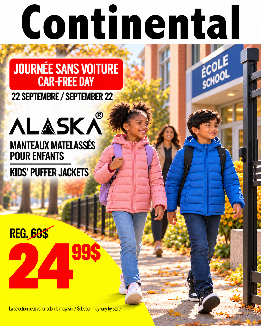 Carrousel officiel Continental de la Journée sans voiture présentant des manteaux matelassés ALASKA pour enfants à 24,99 $, prix régulier 60 $
