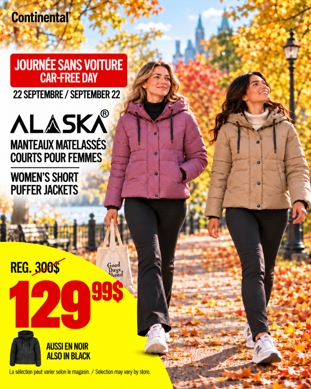 Publicación oficial de Continental para el Día sin Auto con chaquetas acolchadas cortas ALASKA para mujer rosas, beige y negras a 129,99 $, precio regular 300 $