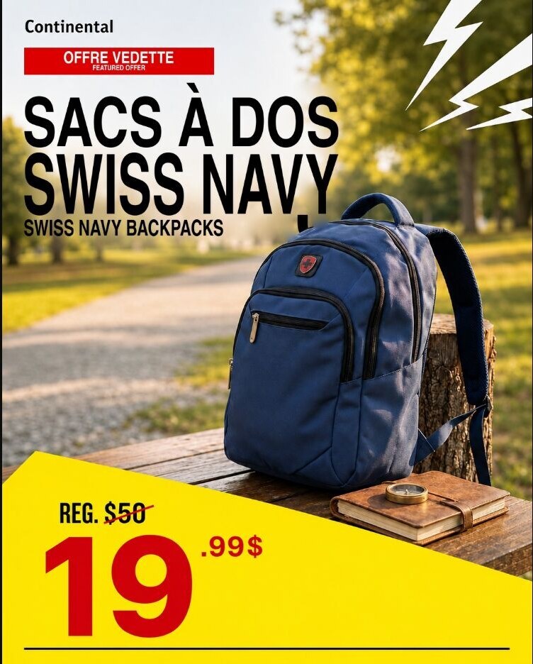 Publication officielle Continental présentant un sac à dos Swiss Navy à 19,99 $ plutôt que 50 $
