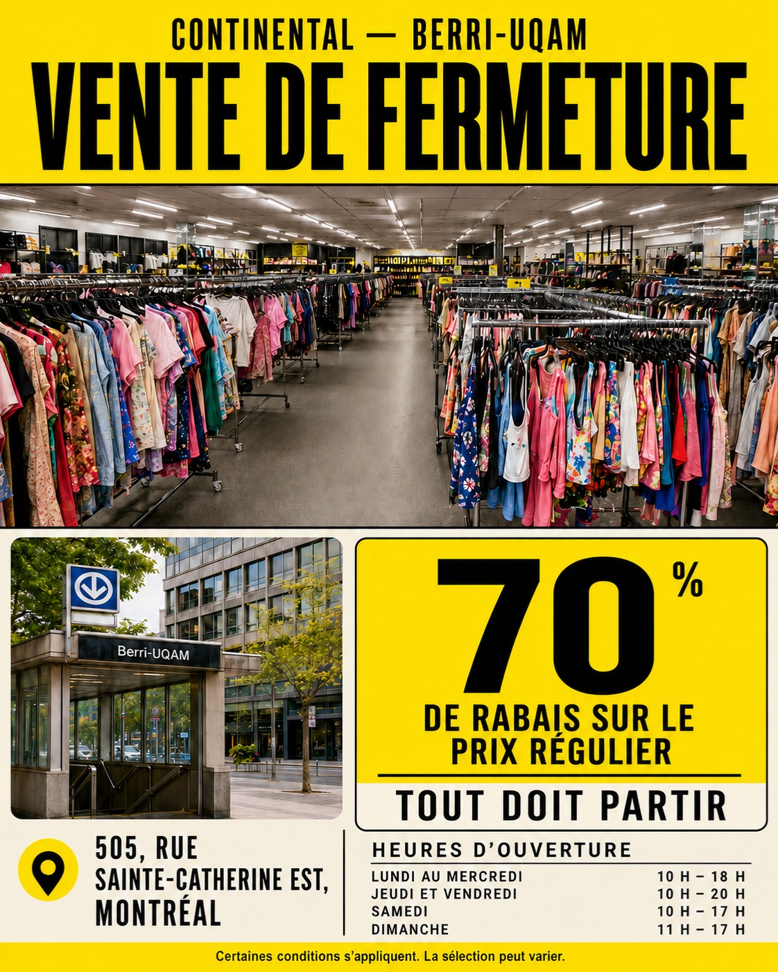 Publication Instagram officielle annonçant la vente de fermeture à Berri-UQAM avec 70 % de rabais sur le prix régulier
