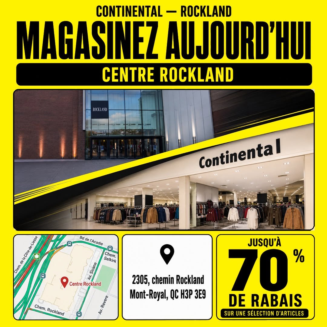 Official Continental post inviting customers to shop at Centre Rockland, with the address and savings of up to 70% on selected items