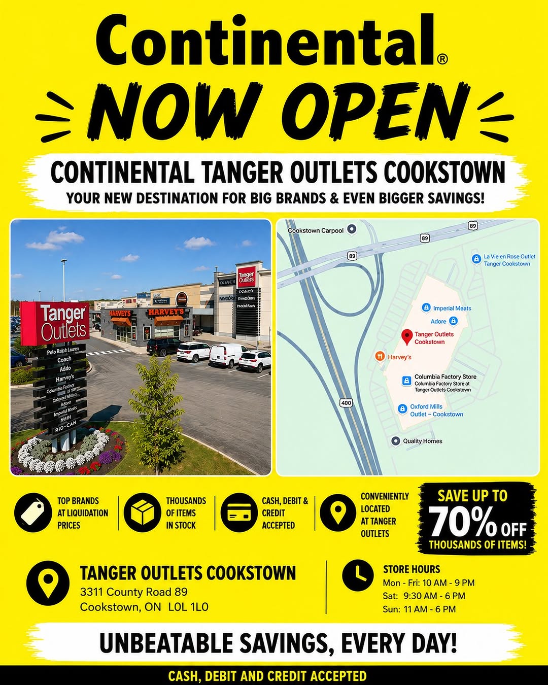 Visuel Continental annonçant la grande ouverture à Tanger Outlets Cookstown