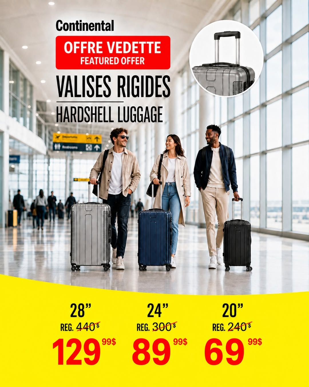 Publicación oficial de Continental con maletas rígidas de 20, 24 y 28 pulgadas a 69,99 $, 89,99 $ y 129,99 $