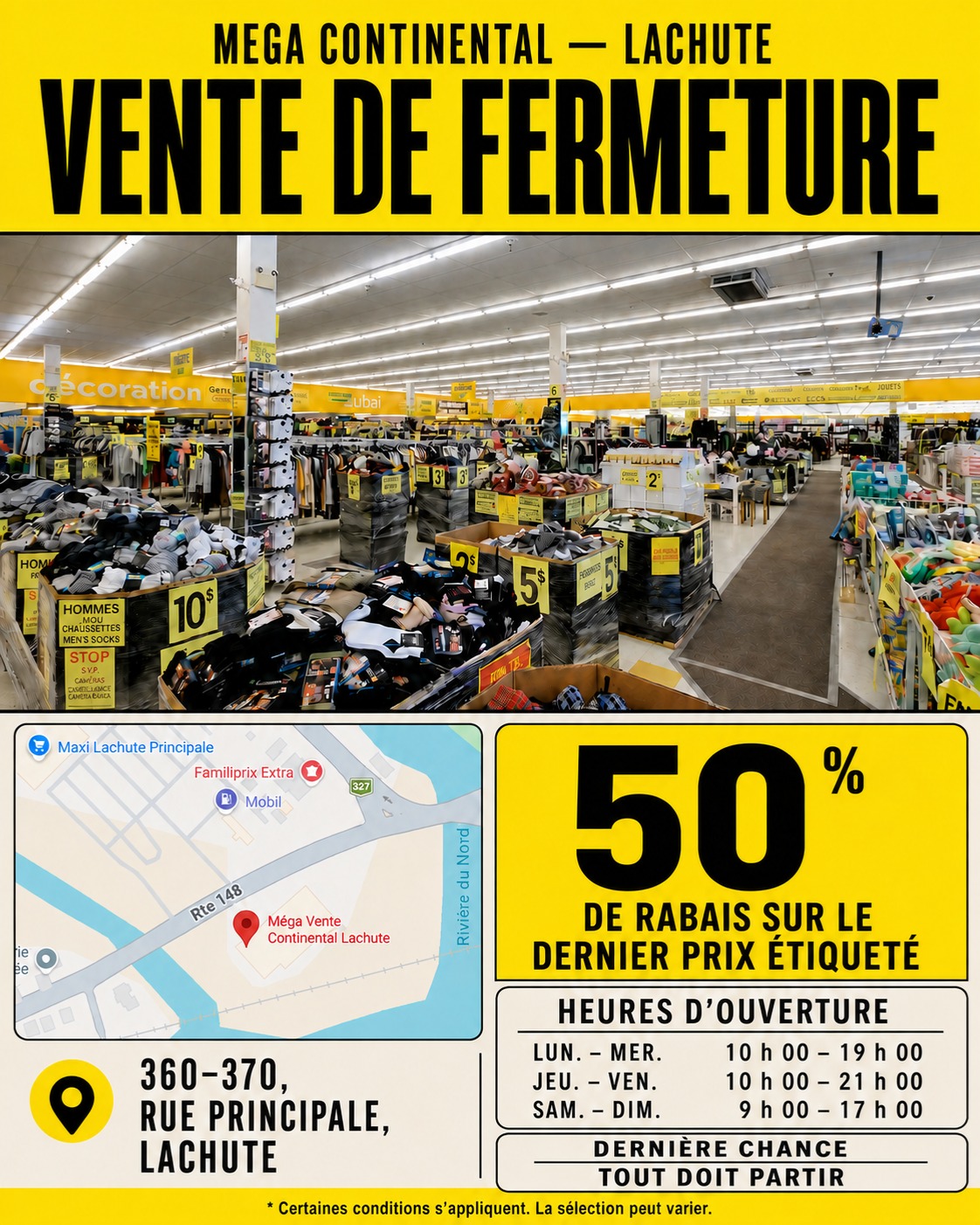Publication Instagram officielle annonçant la vente de fermeture à Lachute avec 50 % de rabais sur le dernier prix étiqueté