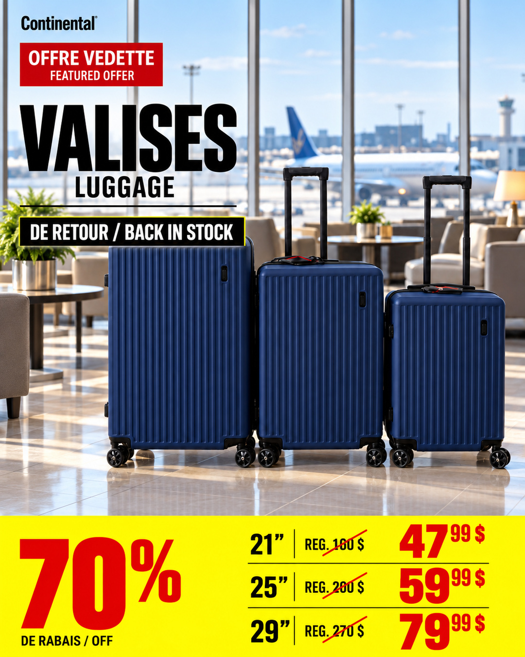 Carrousel officiel Continental présentant des valises bleu marine et roses de 21, 25 et 29 pouces à 47,99 $, 59,99 $ et 79,99 $
