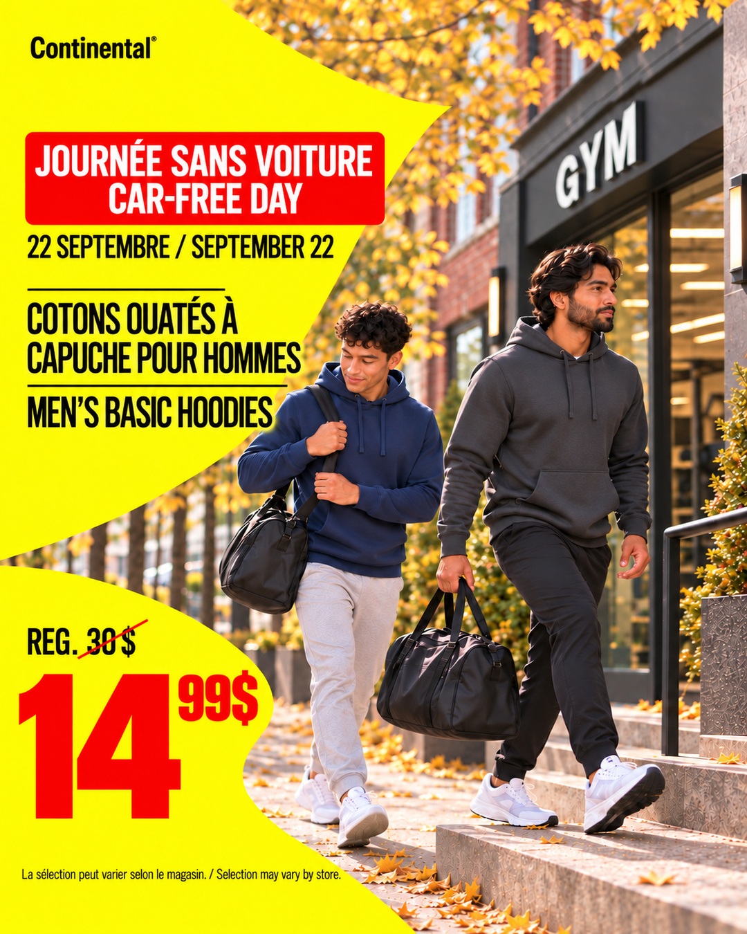 Publicación oficial de Continental para el Día sin Auto con dos hombres caminando al gimnasio en sudaderas con capucha a 14,99 $, precio regular 30 $