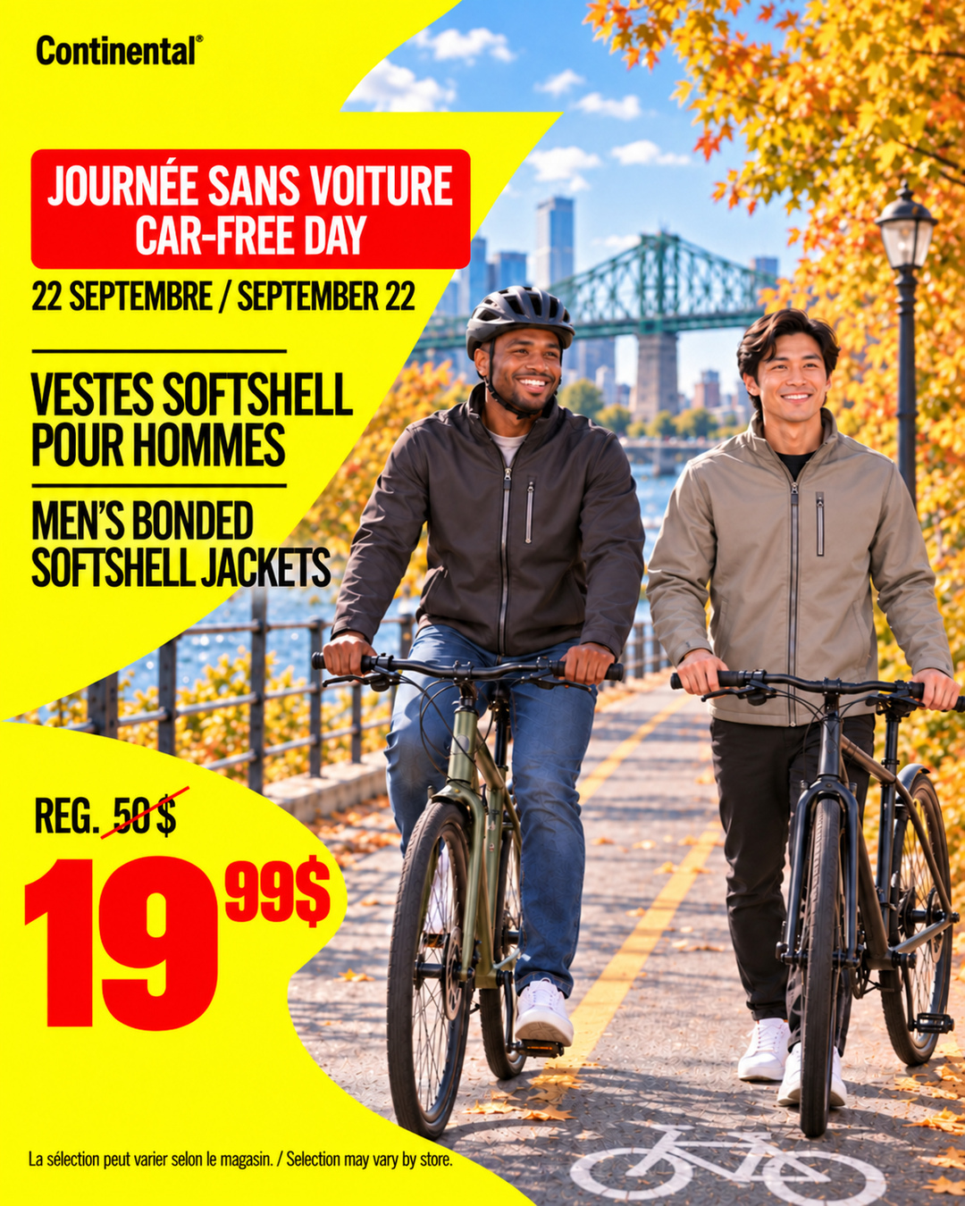 Publicación oficial de Continental para el Día sin Auto con dos ciclistas y chaquetas softshell para hombre a 19,99 $, precio regular 50 $