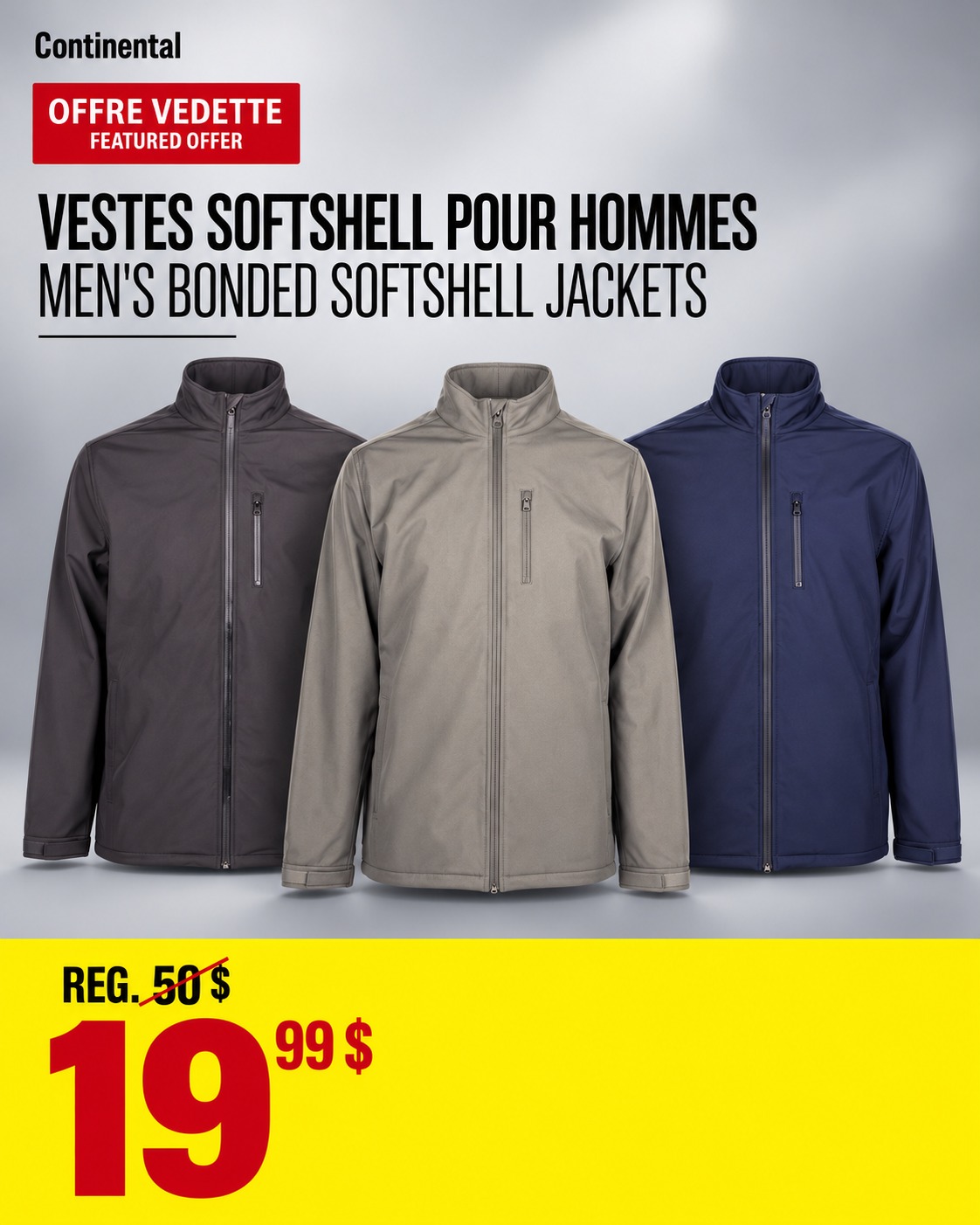Official Continental post featuring men’s bonded softshell jackets for $19.99, regular $50