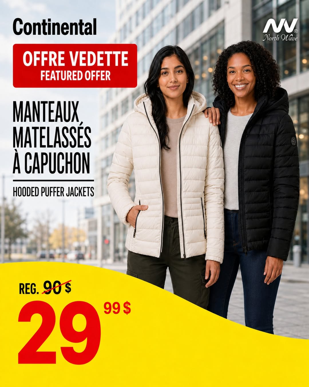 Publicación oficial de Continental con chaquetas acolchadas con capucha North Wave para mujer a 29,99 $ en lugar de 90 $