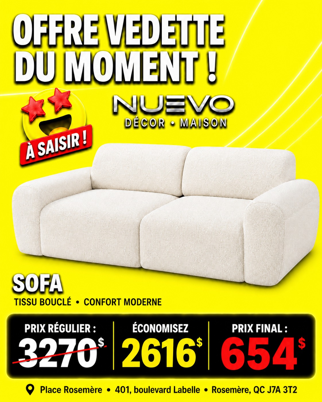 Sofa en tissu bouclé à 654 $ plutôt que 3 270 $ présenté par NUEVO