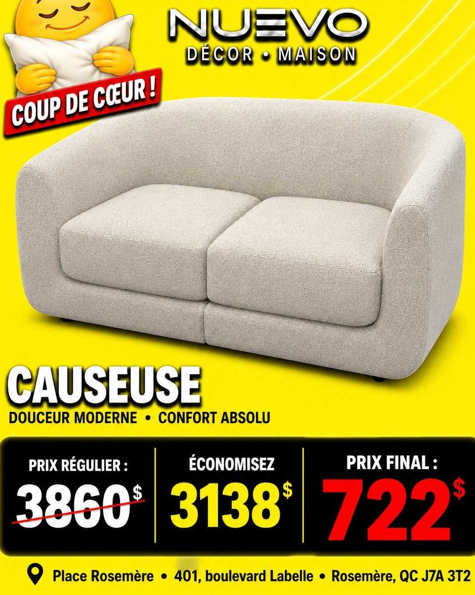 Causeuse à 722 $ plutôt que 3 860 $ présentée par NUEVO