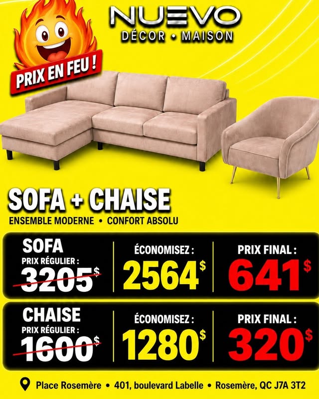 Sofa à 641 $ et chaise à 320 $ présentés dans la publication NUEVO