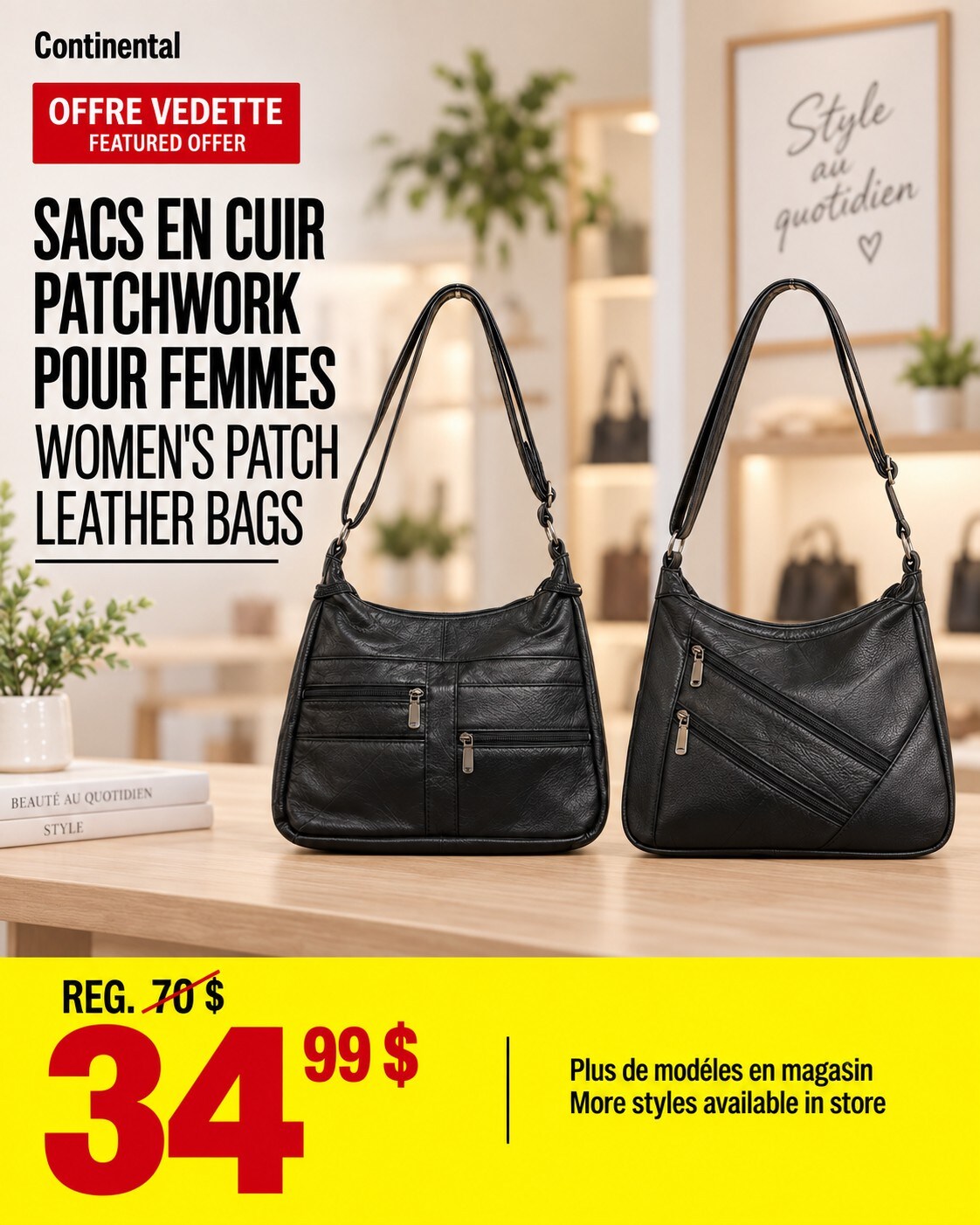 Deux sacs noirs en cuir patchwork pour femmes à 34,99 $, prix régulier 70 $, dans la photo officielle Continental