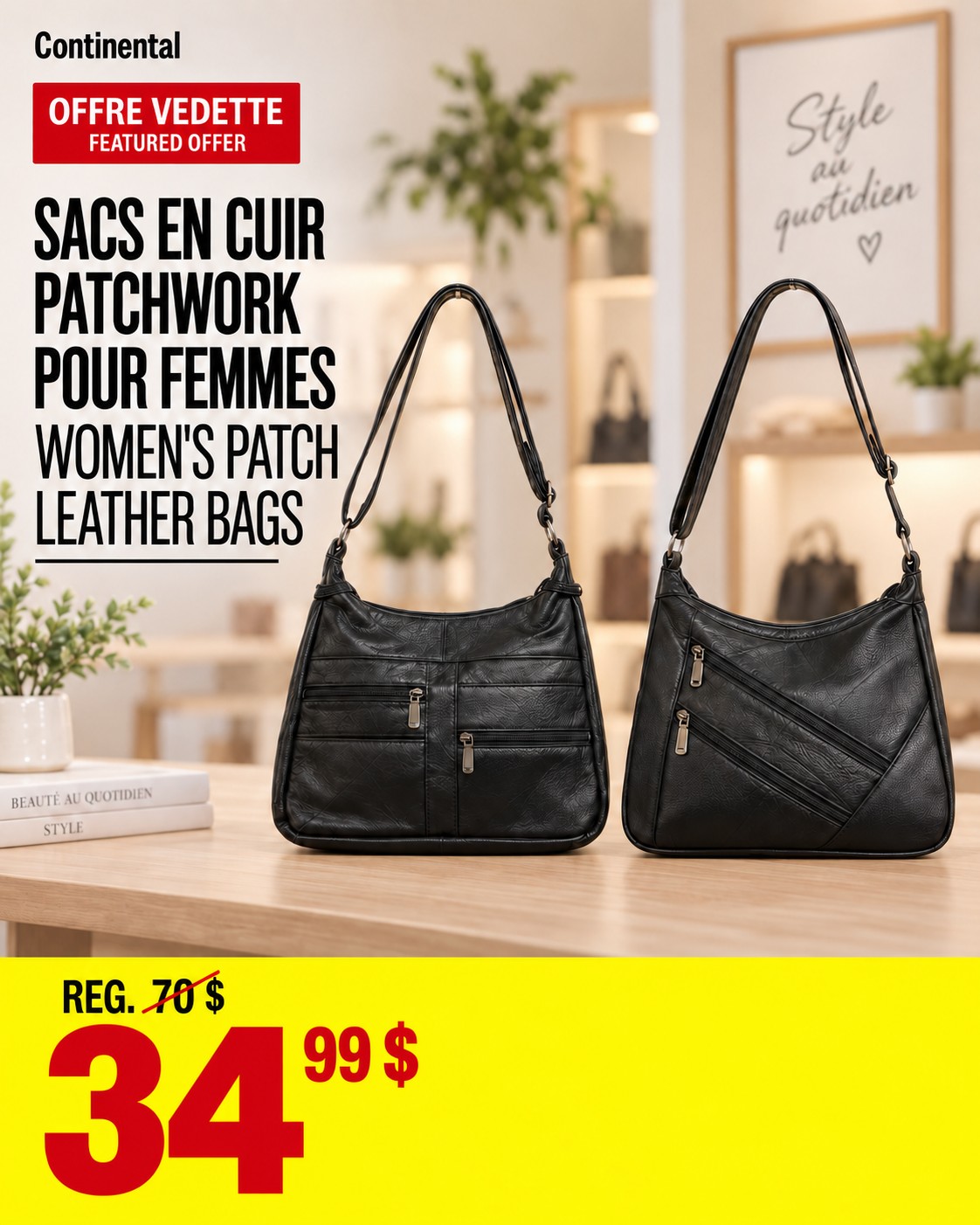 Two black women’s patchwork leather bags for $34.99, regular $70, in the official Continental photo