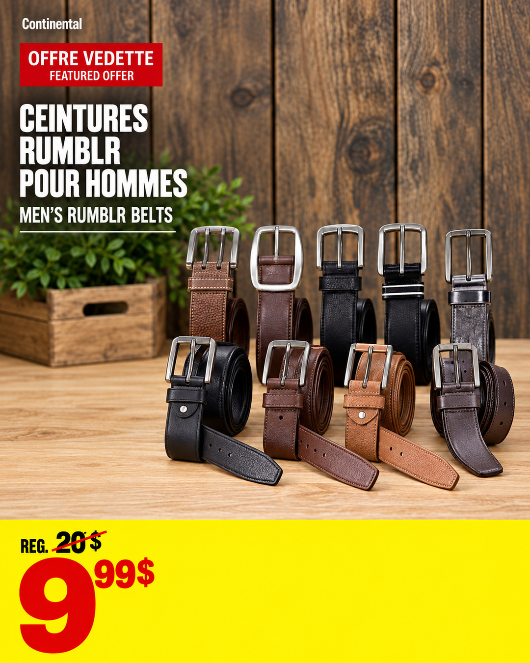Publication officielle Continental présentant neuf ceintures RUMBLR pour hommes noires et brunes à 9,99 $, prix régulier 20 $