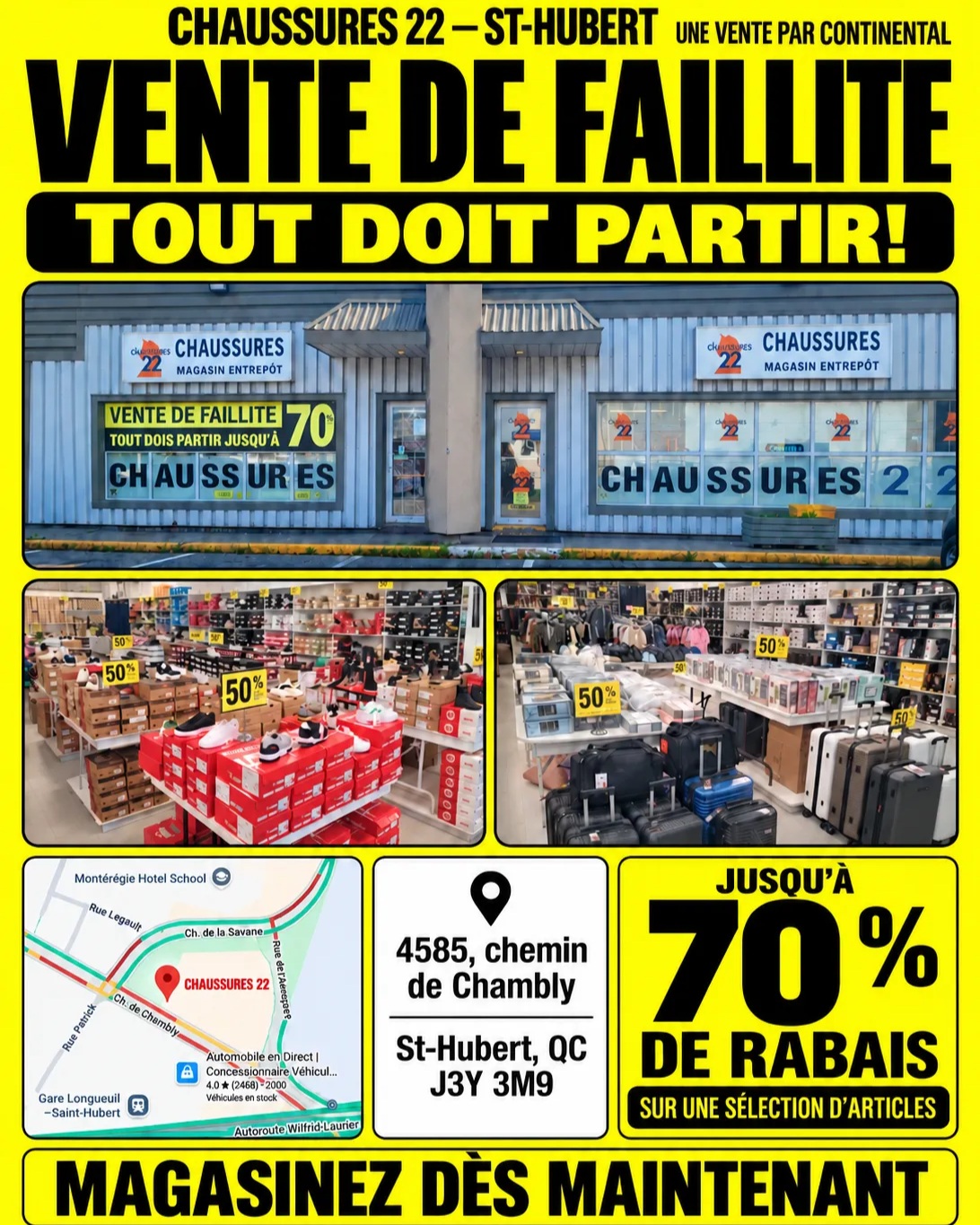 Chaussures 22 St-Hubert bankruptcy sale: up to 70% off selected items, 4585 chemin de Chambly