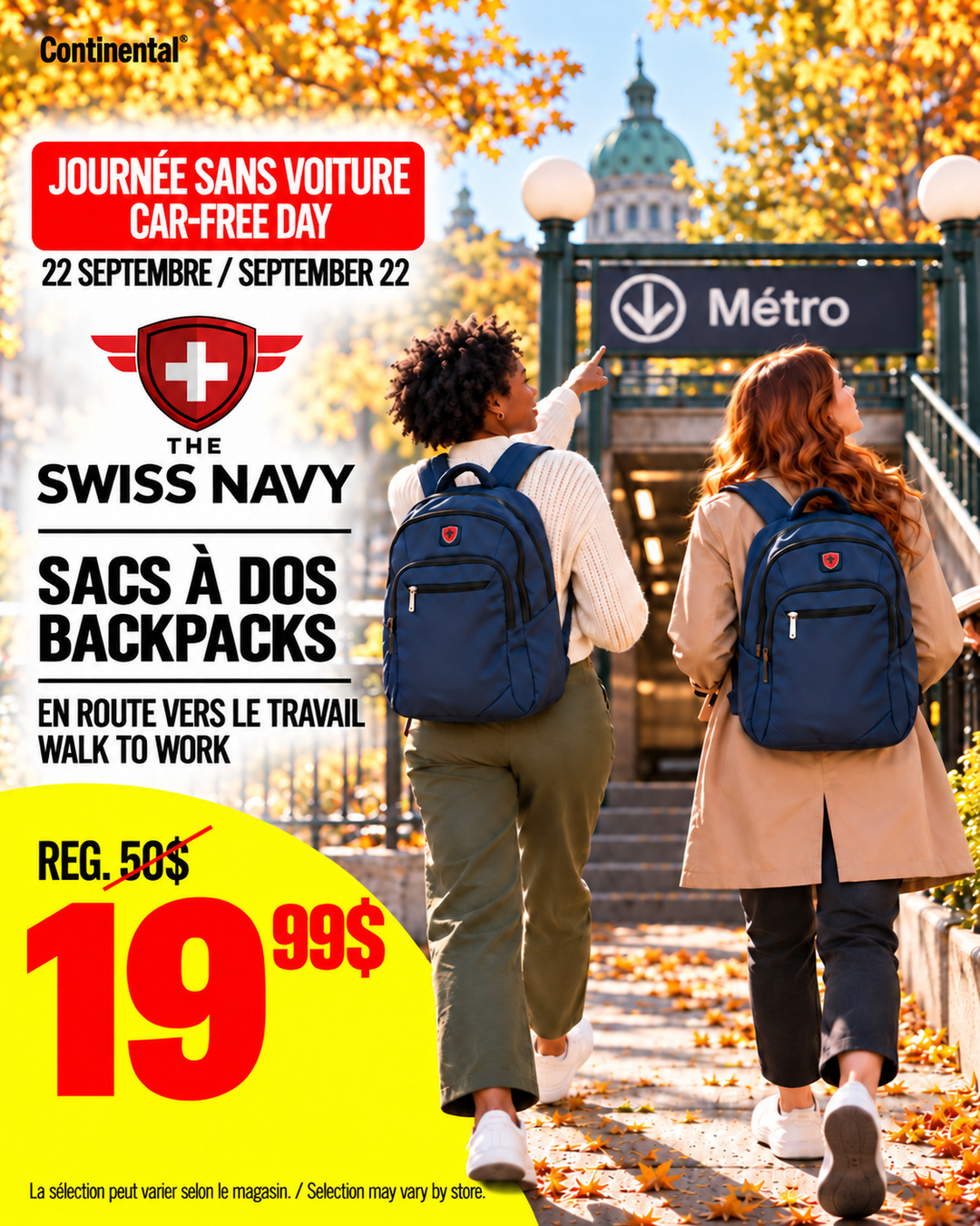 Publication officielle Continental de la Journée sans voiture présentant deux sacs à dos Swiss Navy bleu marine à 19,99 $, prix régulier 50 $