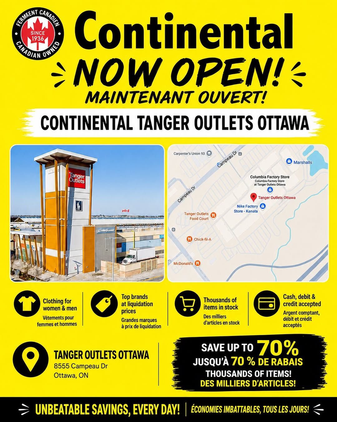 Publication Instagram officielle annonçant l’ouverture de Continental aux Tanger Outlets Ottawa