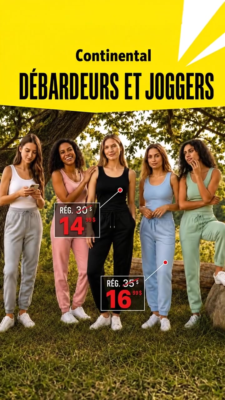 Image officielle de la plus récente vidéo Instagram présentant des débardeurs à 14,99 $ et des joggers à 16,99 $ chez Continental