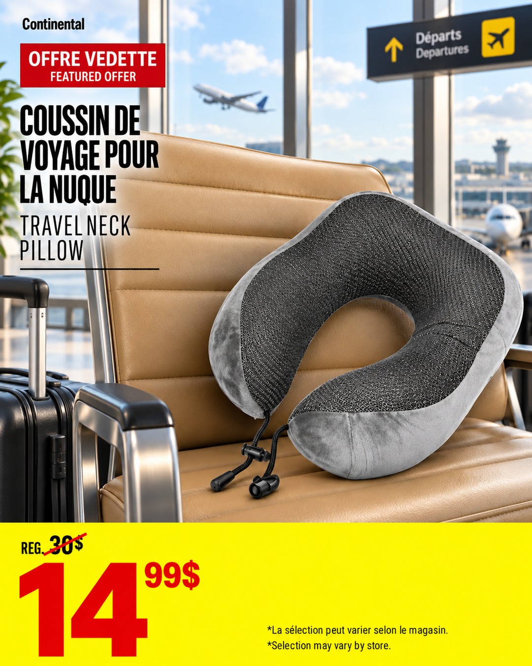 Publication officielle Continental présentant un coussin de voyage pour la nuque à 14,99 $ plutôt que 30 $