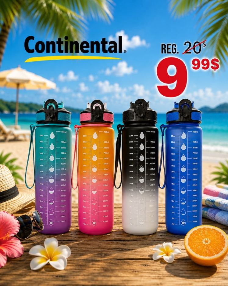 Photo officielle de bouteilles d’eau colorées Continental à 9,99 $