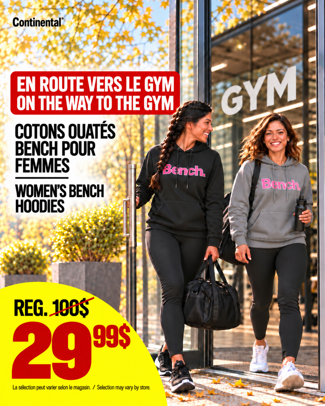 Deux femmes en route vers le gym avec des chandails à capuchon Bench noir et gris à 29,99 $, prix régulier 100 $
