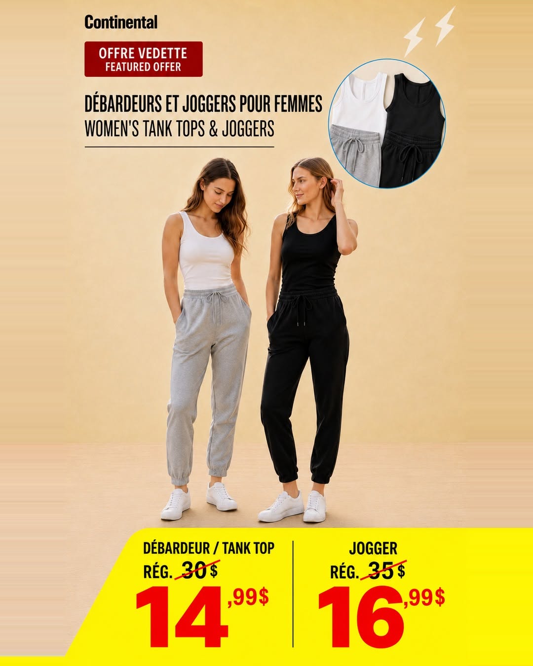 Pubblicazione ufficiale Continental con canotte da donna a 14,99 $ invece di 30 $ e jogger da donna a 16,99 $ invece di 35 $